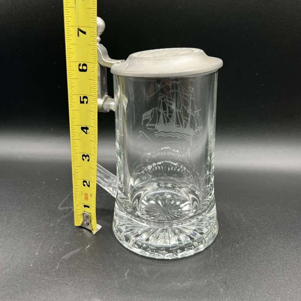 Vintage Old Spice Glass Beer Stein Pewter Lid Etched Sailboat By ALWE W-Germany